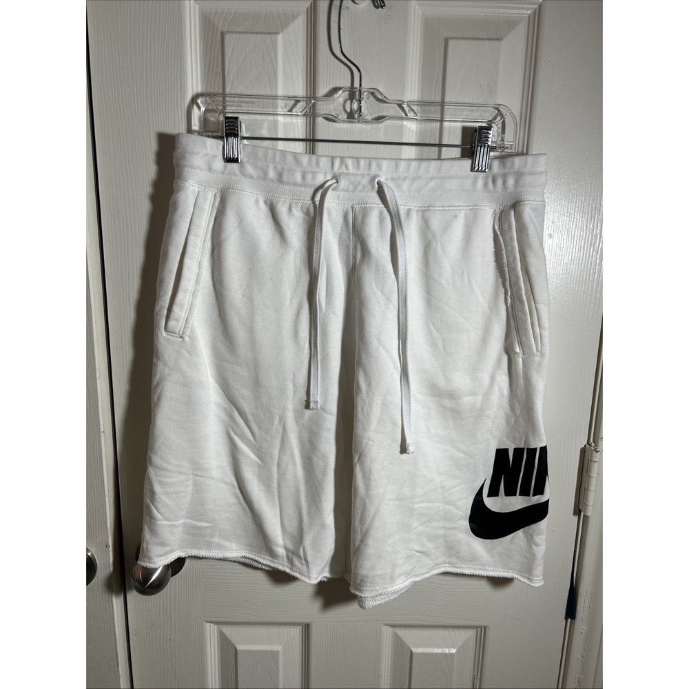 Nike Men's Fleece Shorts Large White Big Swoosh Drawstring Cotton Pocket